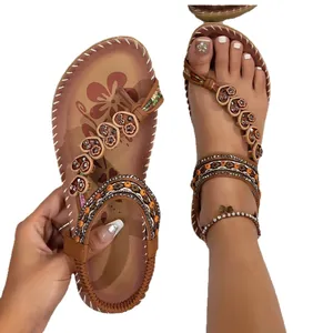 Bohemian beaded flat sandals for women with floral print beach thong style design