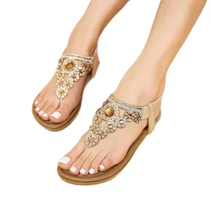 Bohemian flat beach sandals for women with sparkling rhinestones and T-strap design