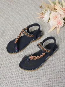 Navy blue Bohemian ethnic flat sandals with beaded T-strap for summer beach wear