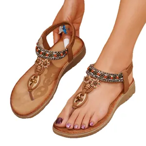 Boho-Sandalen mit Strasssteinen und Holzperlen, stilvolle Sommer-Strandschuhe für Damen