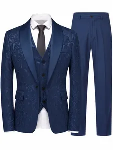 Vorderansicht des blauen Jacquard-Dreiteilers für Herren mit Jacke, Weste und Hose