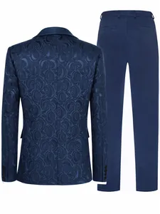 Rückansicht eines marineblauen Herren-Jacquard-Smokings mit floralem Muster und Hose