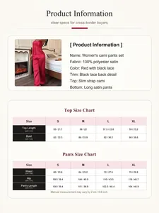 Detailed size chart and product specs for women's red satin lace cami and pants pajama set
