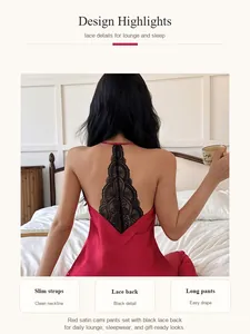 Detailed view of the red satin camisole set featuring an intricate black lace back design
