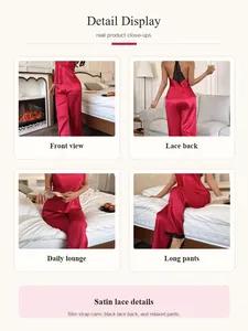 Detail shots of red satin pajama set with black lace back and relaxed long pants.