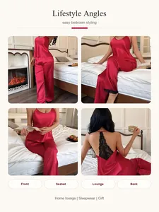 Detailed view of festive red satin pajama set with intricate back lace design and long pants