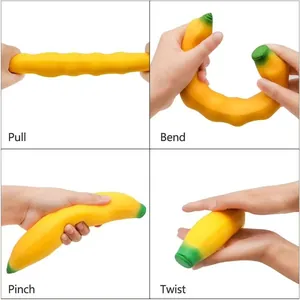 Detailed views showing banana squishy toy being pulled, bent, pinched, and twisted.