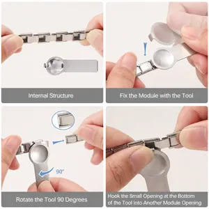 Detailed steps showing how to assemble Italian charm bracelet modules using the tool