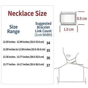 Detailed size guide for modular charm necklace links showing length measurements