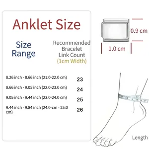 Size guide for modular charms anklet with link count and measurements in cm and inch.