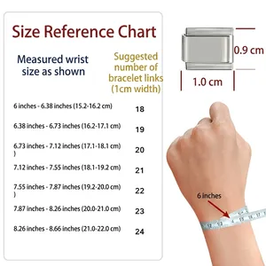 Detailed size guide for modular charm bracelet links showing wrist measurement and link counts
