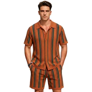 Men's summer vertical striped knit Polo shirt and shorts two-piece set in rust brown.