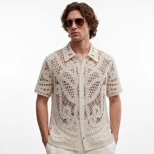 Men Hollow Crochet Knitted Polo Shirt Vintage European Style Short Sleeve Acrylic Breathable Casual Knit Top For Summer