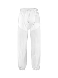 Detailed back view of men's white paneled sports joggers with elasticated cuff design.