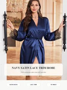 Elegant navy blue satin robe for women featuring delicate black lace trim on sleeves