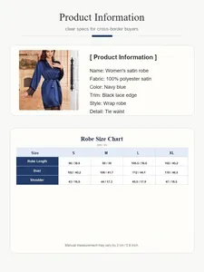 Size chart and details for navy blue lace trim satin robe for women