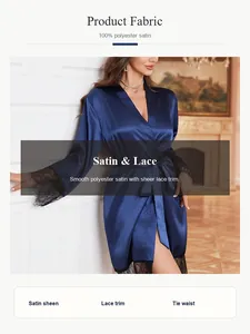 Detail of navy blue satin robe featuring smooth fabric and elegant sheer lace trim.