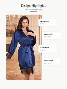 Detail view of navy blue satin robe with black lace trim and V-neckline wrap design