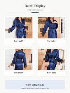 Detail view of navy blue satin robe with elegant lace cuffs and tie waist