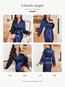 Detailed view of a navy blue satin robe featuring elegant black lace sleeve trim.
