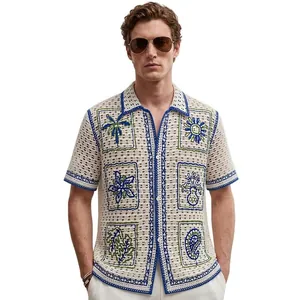 Polo en Maille Ajourée pour Homme Style Vacances Été Décontracté Manches Courtes Cardigan Avec Broderie Plante Tropicale Top