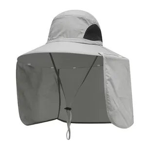 Detailansicht eines grauen Herren-Sonnenhuts mit breiter Krempe und schützendem Nackenschutz