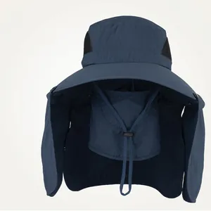 Marineblauer Outdoor-Sonnenhut zum Angeln mit breiter Krempe und festem Nackenschutz