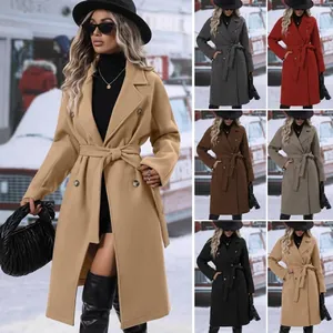 Elegant long lapel wool coat for women with adjustable waist belt available in multiple colors