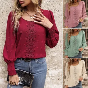 Elegant long sleeve lace blouse with pom-pom texture shown in multiple colors.