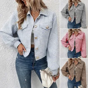 Elegant women's houndstooth jacket with gold buttons and lantern sleeves in four colors