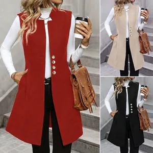 Gilet lungo senza maniche in lana da donna disponibile nei colori rosso, beige e nero