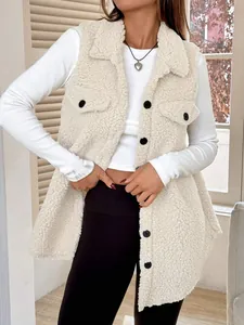 Detailed view of a stylish cream sherpa fleece vest featuring black buttons and pockets