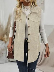 Detailed shot of a beige corduroy vest for women featuring lapels and brown buttons.