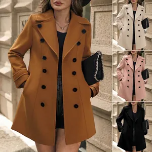 Women Double Breasted Mid-Length Wool Blend Coat Slim Fit Lapel Long Sleeve Patchwork Autumn Winter Warm Trench Outerwear