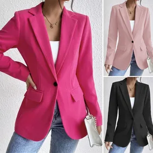 Elegant women's office blazer with lapel collar shown in fuchsia pink and black colors