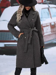 Women's charcoal grey double-breasted woolen coat with lapel and waist tie details.