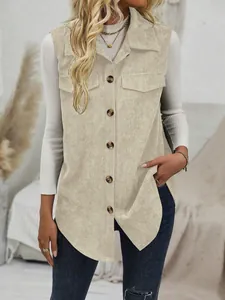 Detailed view of women's beige corduroy lapel vest with front pockets and buttons