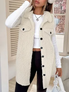 Front view of a stylish off-white faux lamb shearling vest with lapel and button detail.
