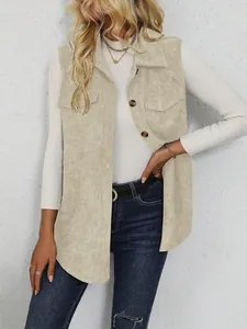 Detailed view of casual women's corduroy long vest with lapel collar and brown buttons