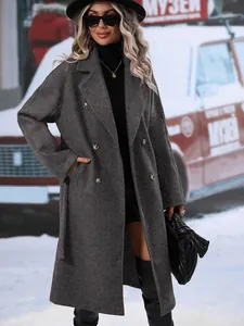 Elegant dark grey double-breasted wool coat with notch lapel and tie waist belt for women