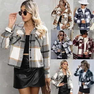 Women's Plaid Shacket Lapel Single Breasted Polyester Wool Blend Short Jacket Autumn Winter Casual Checkered Top Coat