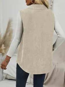 Detailed back view of a beige corduroy vest for women with casual lapel collar design