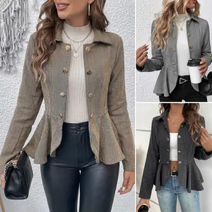 Elegant women's ruffled hem blazer jacket with gold buttons in various colors