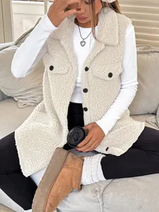 Close-up of cozy white oversized Sherpa fleece vest jacket with lapel collar and buttons