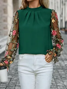 Damen Mock Neck Netz Patchwork Bestickte Bluse Top Elegantes Langarm Polyester Hemd Blumen Stickerei Lässiges Top