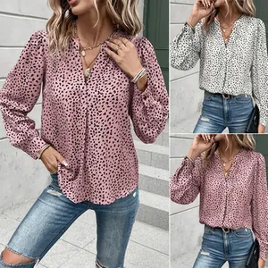 Elegant V-neck leopard print long sleeve blouse top for women in pink and white colors