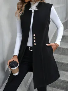 Elegante gilet lungo in lana nera con dettagli di bottoni e tasca laterale