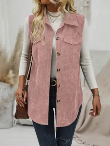 Close-up of women's pink corduroy long vest with button front and lapel collar.
