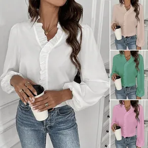 Elegant ruffled lapel long sleeve blouse shirt in multiple colors for women office commute