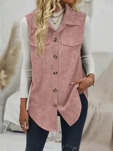 Close-up of pink corduroy sleeveless vest with lapels and button-down front pockets